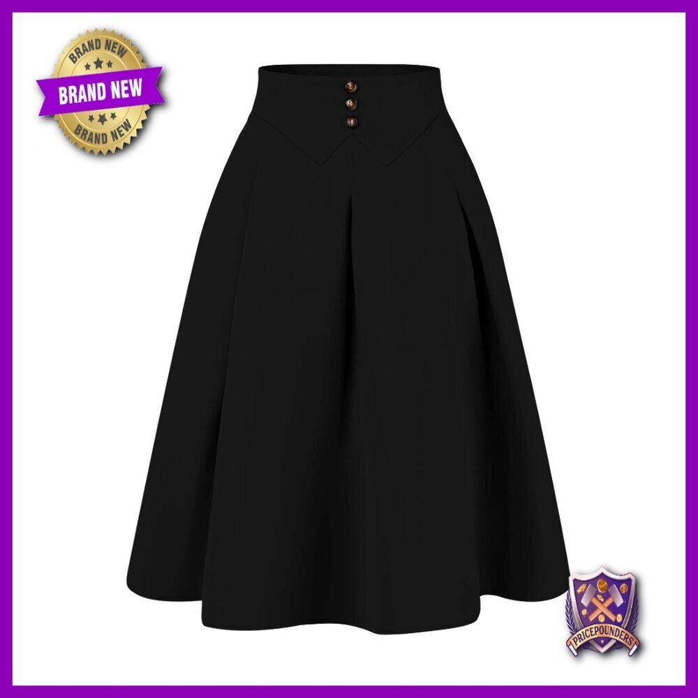 Knee Length Midi Pleated Skirt High Waist Button Decor Office Casual